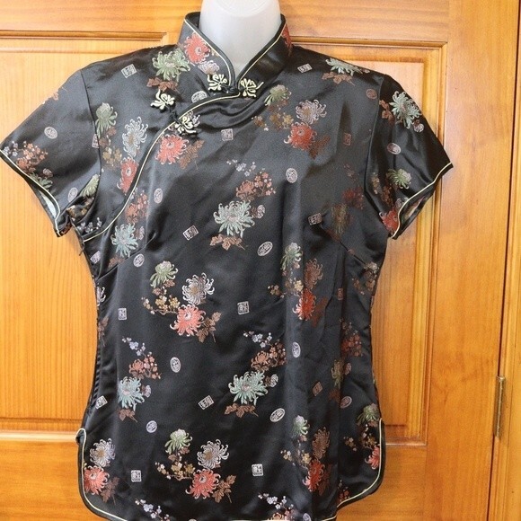 Solz Squirrel Black Oriental Asian Floral Embroidered Geisha Top Vintage 42 - Picture 2 of 16